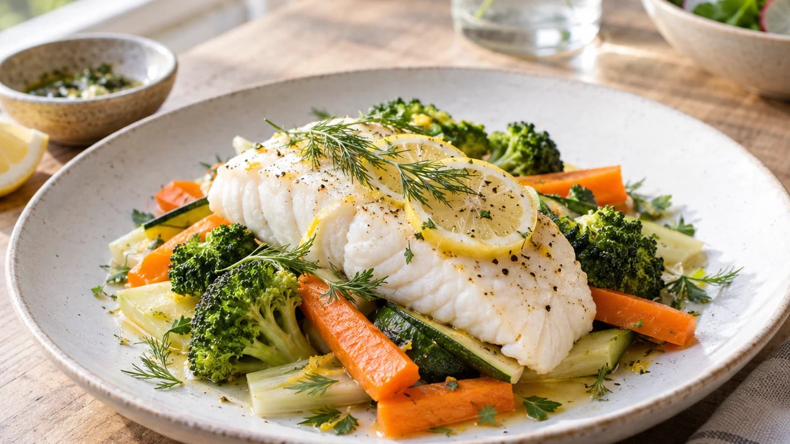 Assiette équilibrée avec légumes rôtis, riz, poisson et filet d'huile, photographiée en lumière naturelle sans texte ni logo