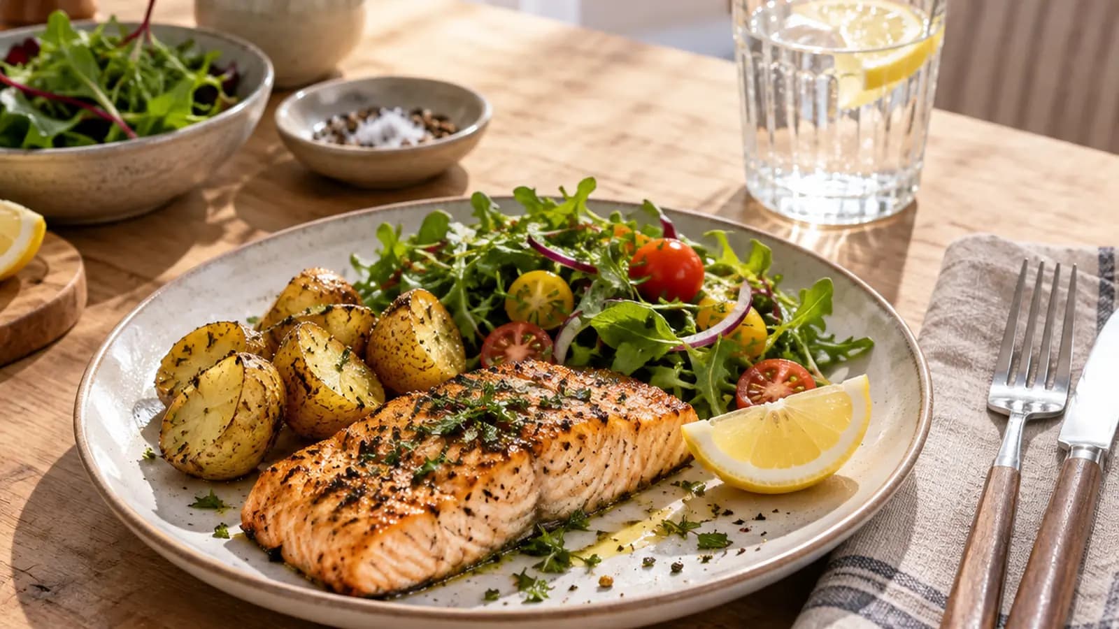 Assiette colorée posée sur une table en bois, fourchette et verre d’eau en lumière naturelle, sans texte ni logo