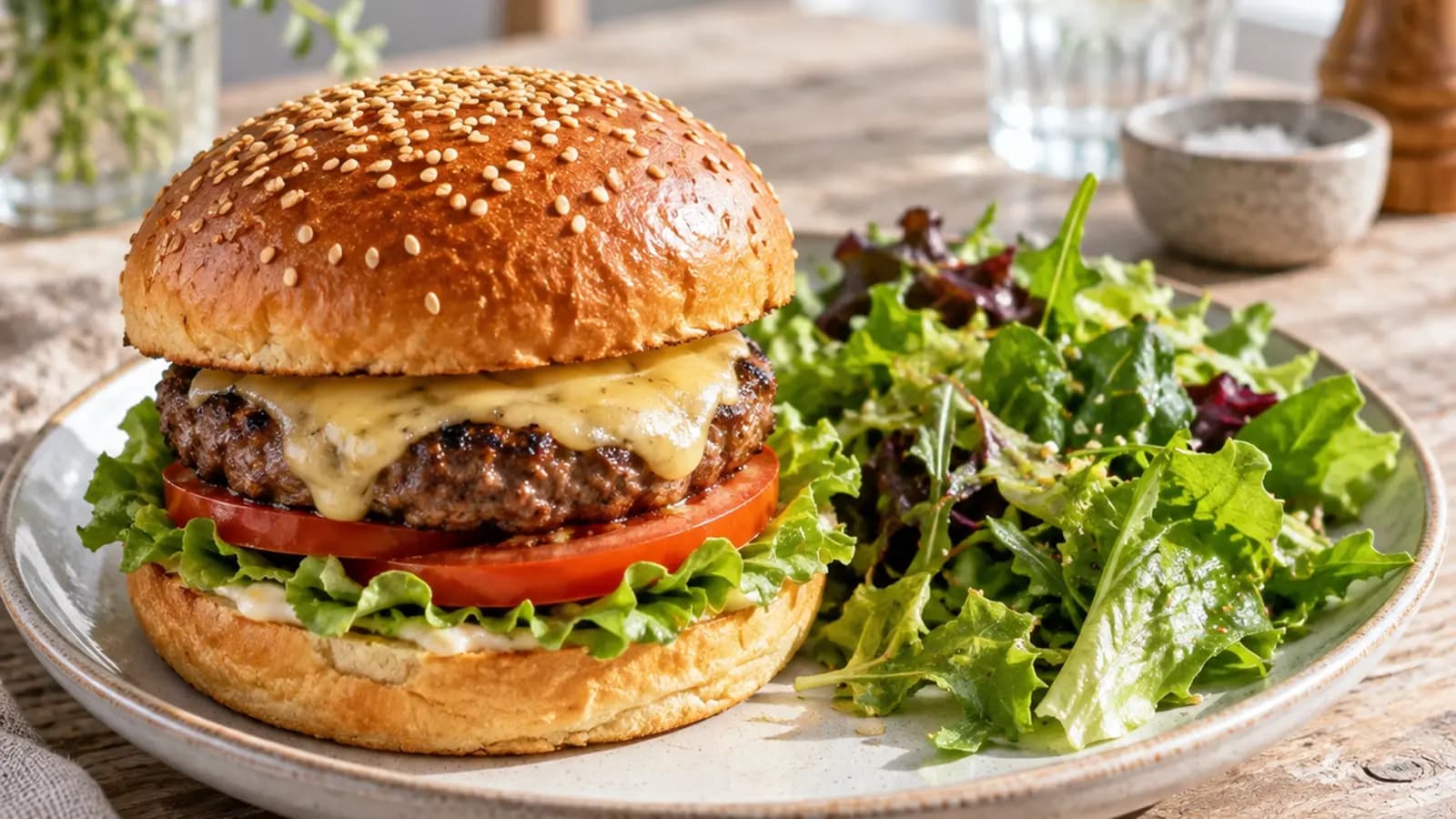 Burger au pain doré avec salade fraîche et petite portion de frites sur une table de restaurant, lumière naturelle, sans texte ni logo