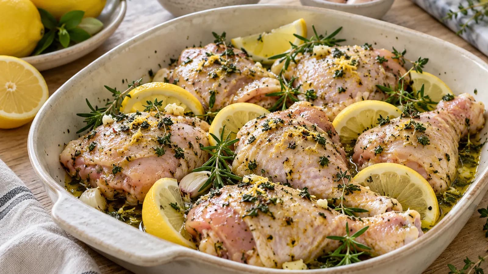 Filets de poisson et morceaux de poulet marinés aux agrumes et aux herbes dans des plats en verre, lumière naturelle, sans texte ni logo
