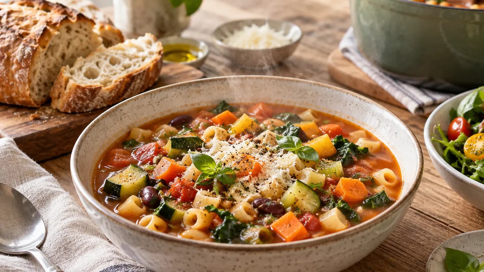 Bol de minestrone coloré avec légumes, haricots blancs et petites pâtes, posé sur une table en lumière naturelle
