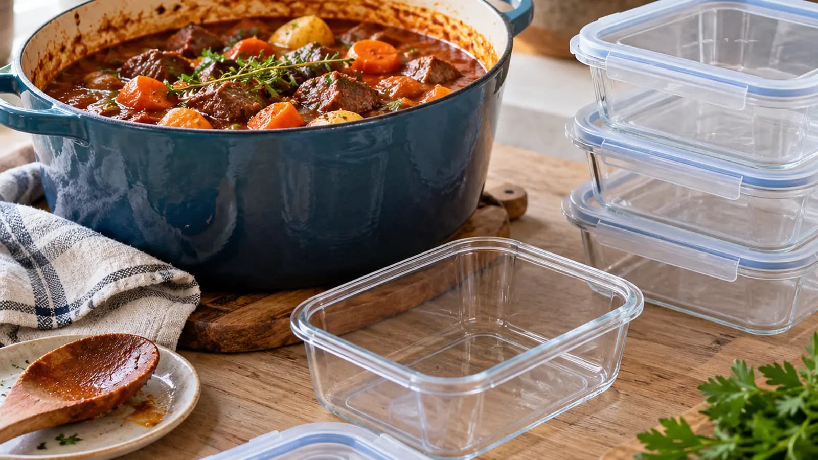 Boîtes de curry de légumes en portions près d’une cocotte, en lumière naturelle, sans texte ni logo
