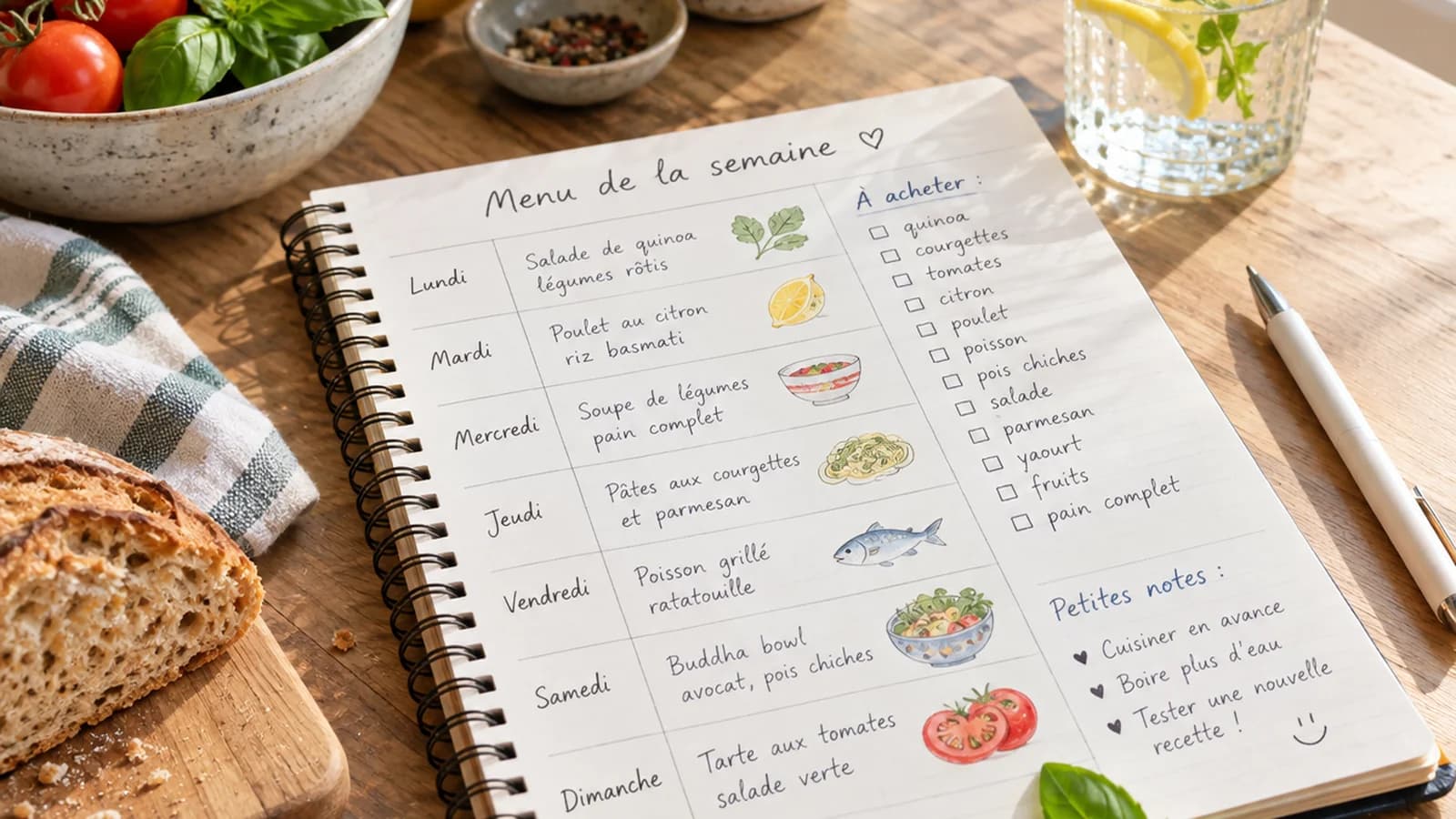 Table de cuisine avec une assiette colorée, des légumes, du pain complet et plusieurs ingrédients prêts à composer, lumière naturelle, sans texte ni logo