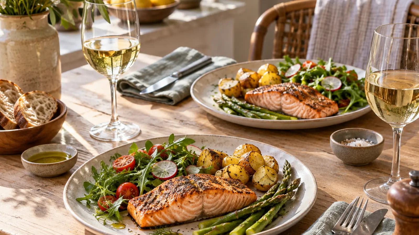 Table de cuisine éclairée par la lumière naturelle avec deux assiettes, des légumes colorés et de petites portions, sans texte ni logo