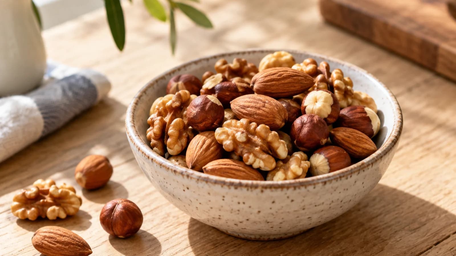 Petite poignée de noix, amandes et noisettes dans un bol avec une pomme, sur une table éclairée par la lumière naturelle, sans texte ni logo