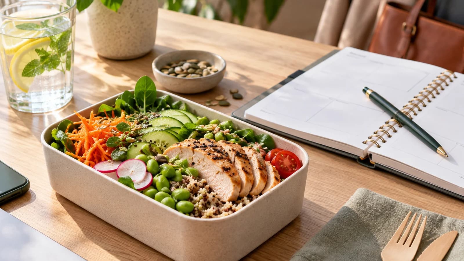 Boîte-repas équilibrée avec légumes, riz, œufs et fruit sur une table éclairée par la lumière naturelle, sans texte ni logo