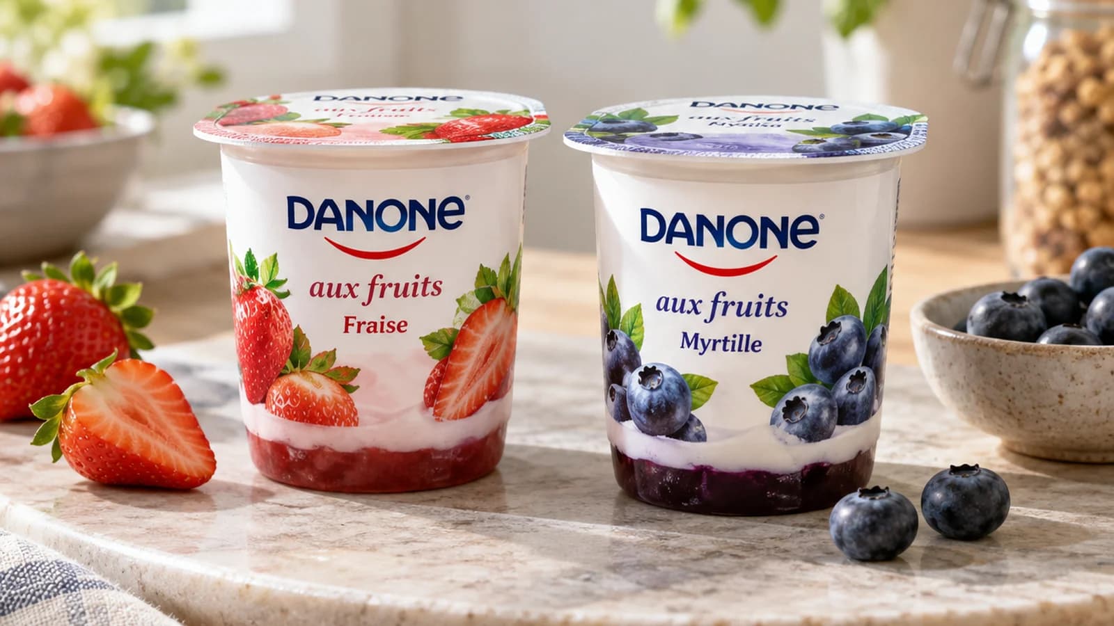 Deux boîtes de céréales et un bol de yaourt avec des fruits, photographiés en lumière naturelle sur une table, sans texte ni logo