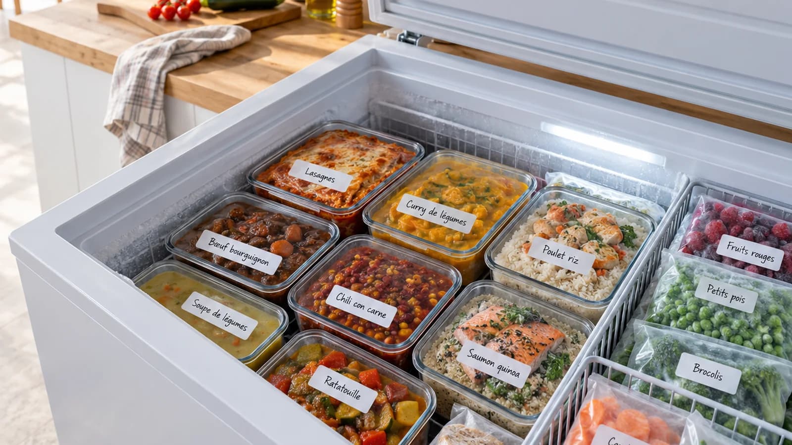 Tiroirs de congélateur bien organisés avec des portions de plats maison étiquetées, lumière naturelle, sans texte ni logo ni visage en gros plan