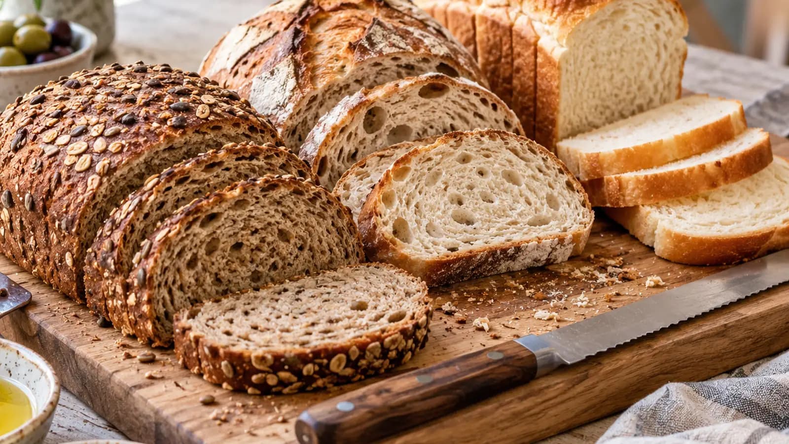 Tranches de pain blanc, complet et au levain posées sur une table en bois, avec lumière naturelle, sans texte ni logo