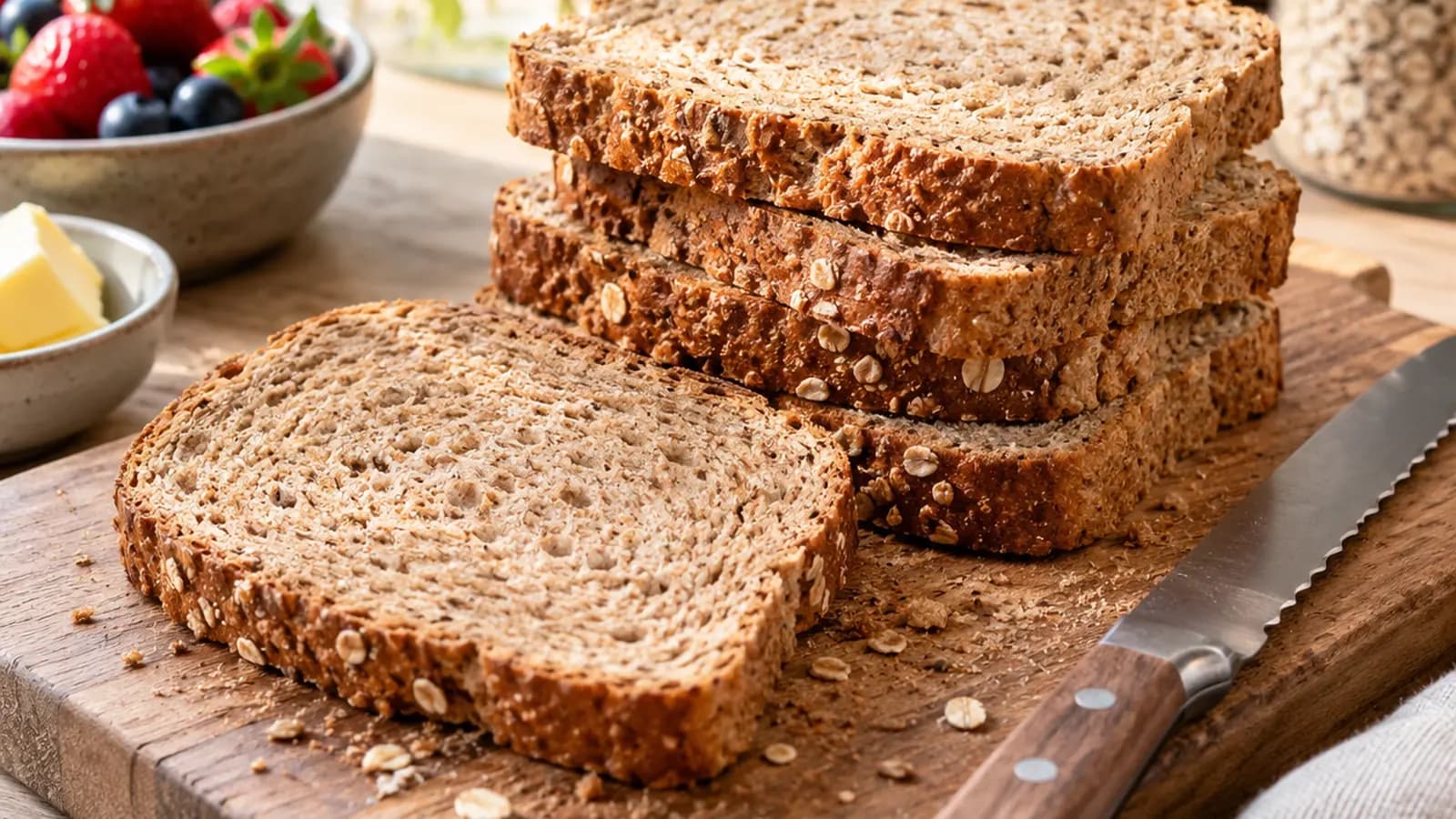 Tranches de pain de mie complet et pain traditionnel sur une planche, avec tartines garnies, lumière naturelle, sans texte ni logo