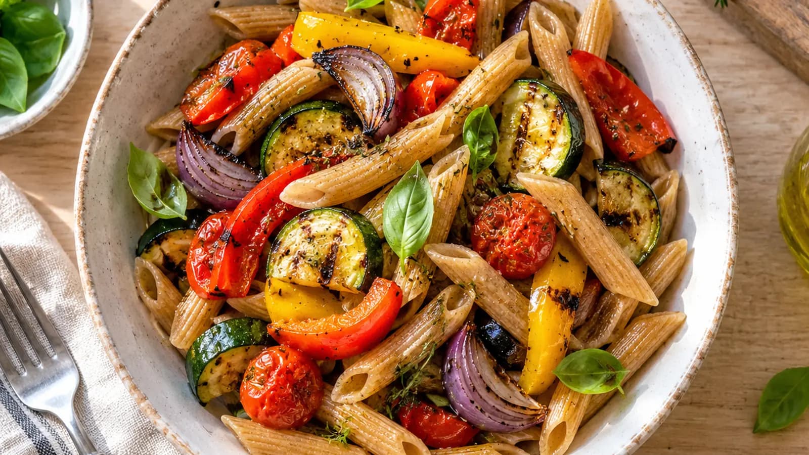 Assiette de riz blanc et complet avec légumes colorés et poulet, dressée sur une table en lumière naturelle, sans texte ni logo