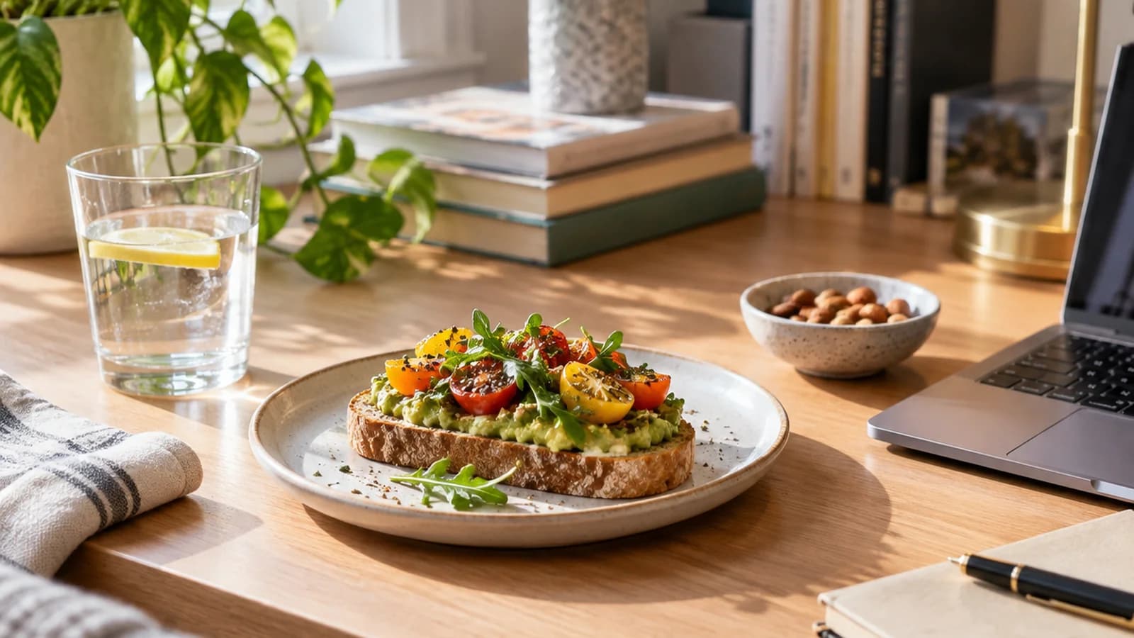 Bol coloré avec riz, légumes, œuf et pois chiches sur une table éclairée par la lumière naturelle, sans texte ni logo
