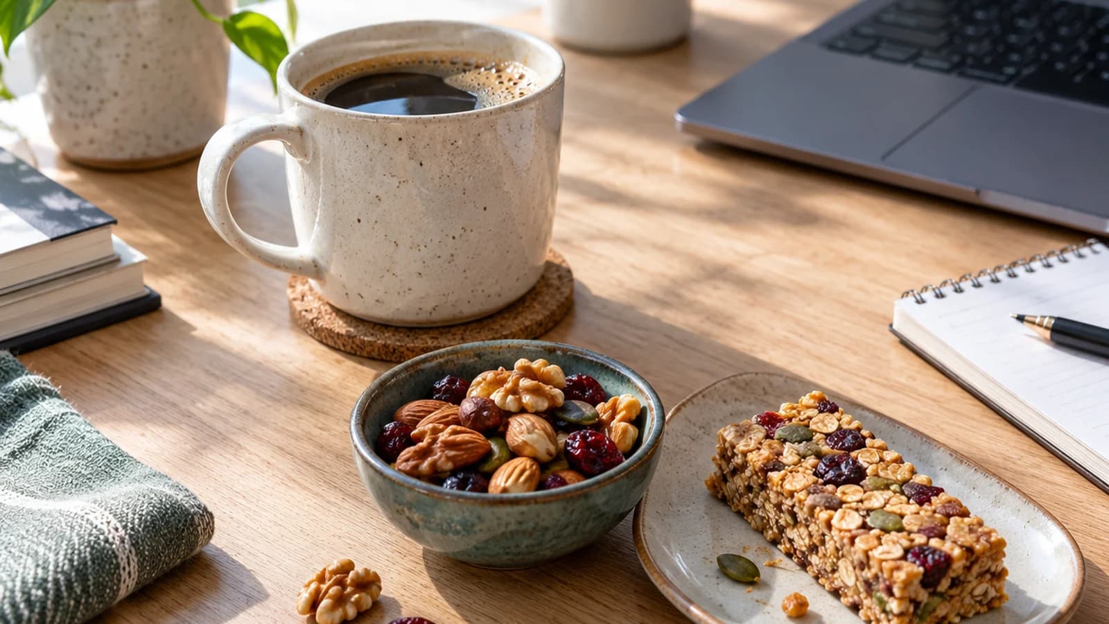 Bol de muesli, tartines croustillantes, compote et café sur un bureau en lumière naturelle, sans texte ni logo