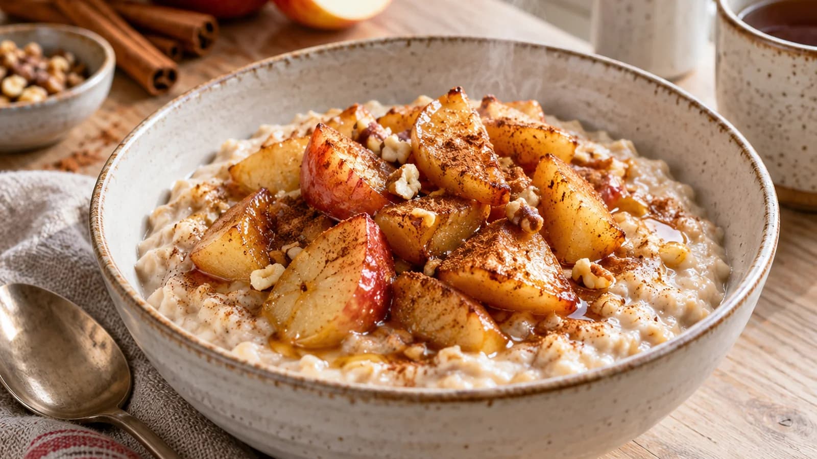 Bol de porridge chaud aux pommes, cannelle et noix posé sur une table en bois, lumière naturelle, sans texte ni logo
