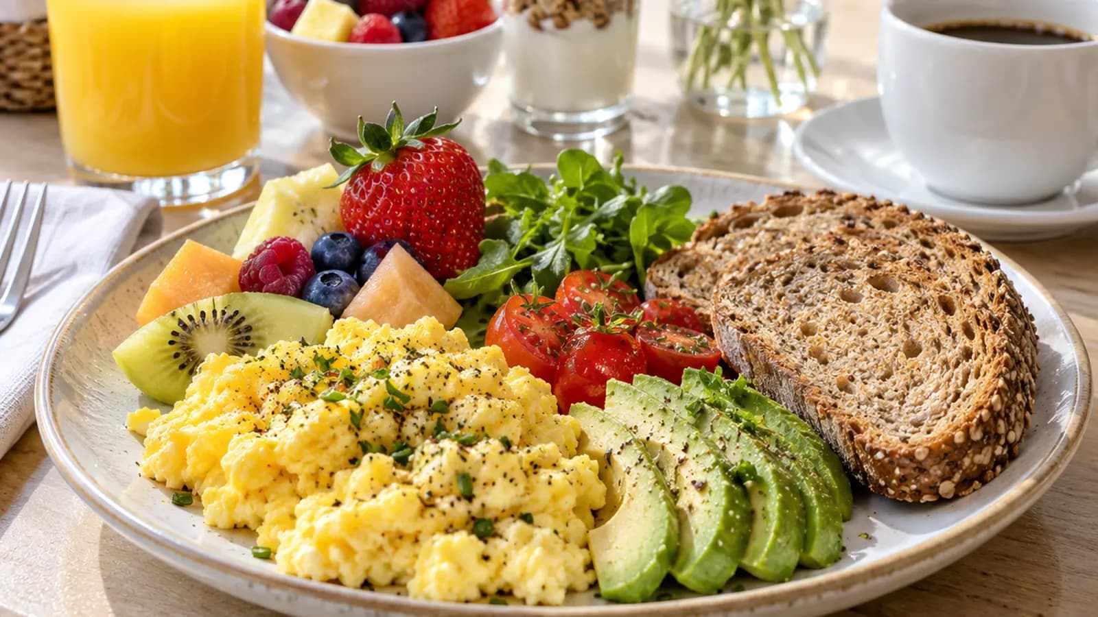 Assiette de petit-déjeuner d’hôtel avec pain complet, œuf, yaourt, fruits frais et café sur une table baignée de lumière naturelle
