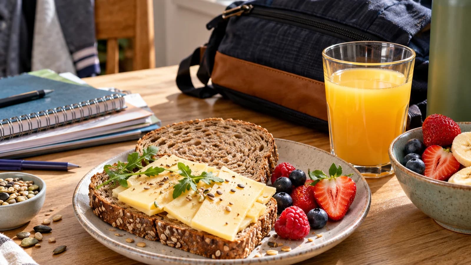 Petit-déjeuner avec tartines, yaourt, banane et boîte à emporter sur une table en lumière naturelle, sans texte ni logo.