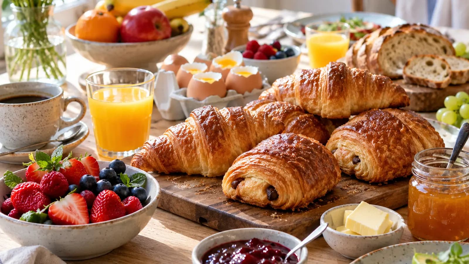 Table de petit déjeuner dominical avec pancakes, fruits frais, yaourt, tartines et boisson chaude en lumière naturelle, sans texte ni logo