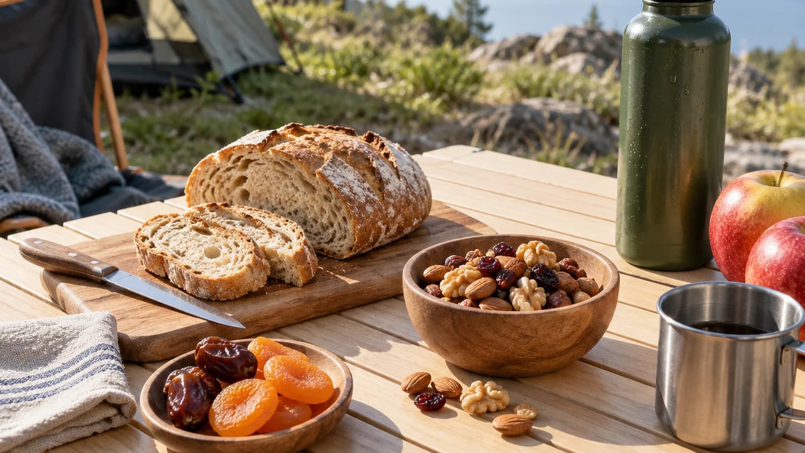 Bol de porridge aux flocons d’avoine, banane et noix posé sur une table de camping en bois, lumière naturelle, sans texte ni logo
