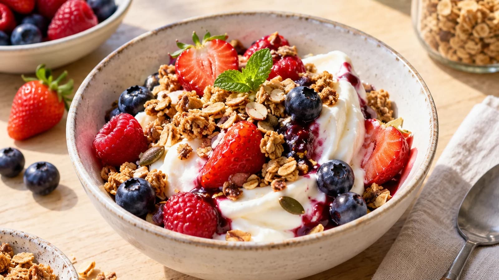Bol de yaourt nature avec fruits rouges, pêche, flocons d’avoine et amandes sur une table éclairée par la lumière naturelle