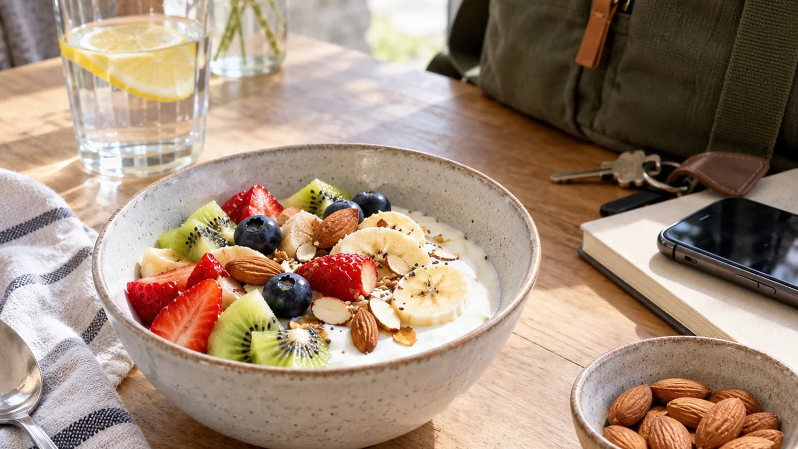 Bol de skyr avec flocons d’avoine, fruits rouges, banane et graines sur une table éclairée par la lumière naturelle