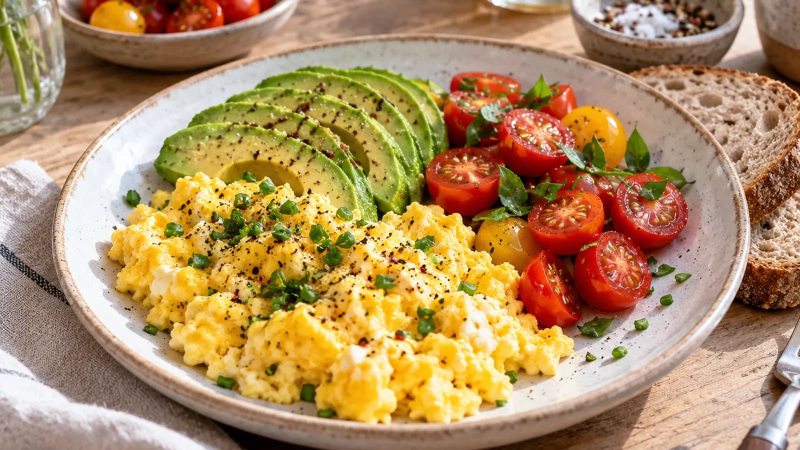 Assiette de petit-déjeuner salé avec œufs brouillés, pain complet, tomates et fromage, en lumière naturelle, sans texte ni logo
