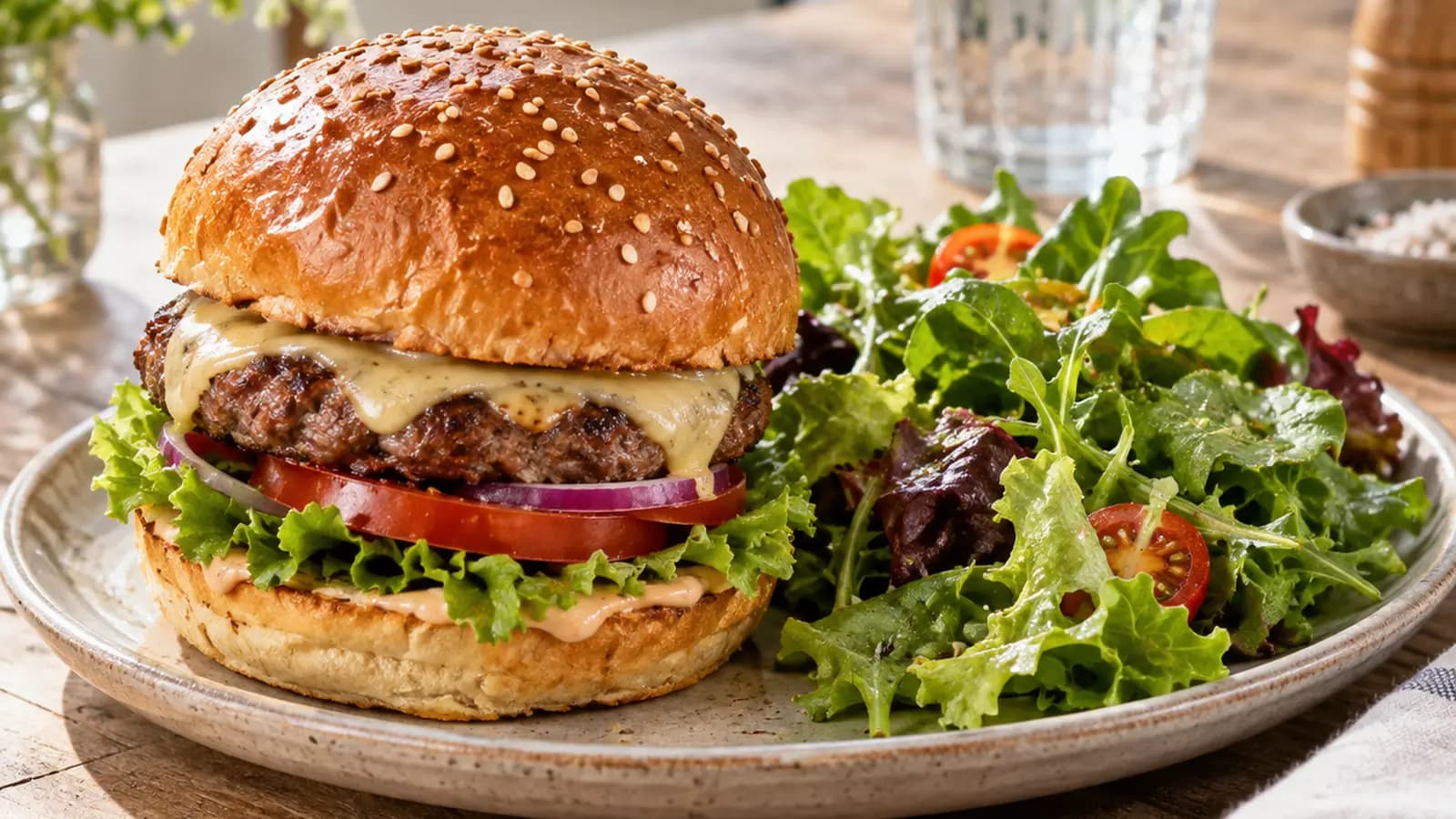Burger, petite portion de frites, salade et verre d’eau sur une table en lumière naturelle, sans texte ni logo
