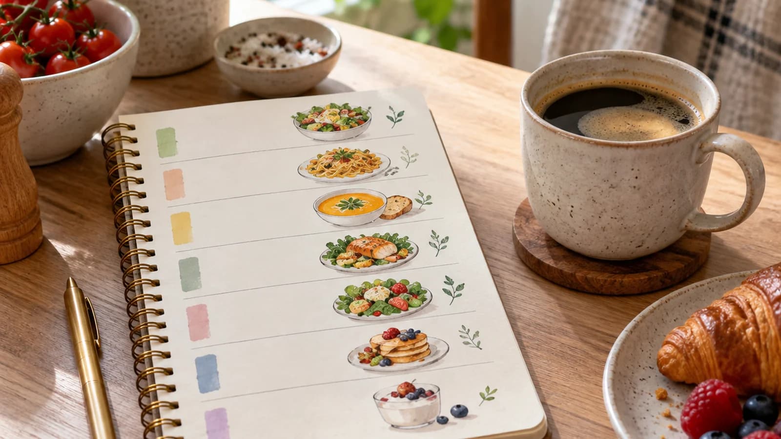 Table de cuisine à la lumière naturelle avec un carnet de menus, des légumes colorés, des œufs et des contenants pour les repas