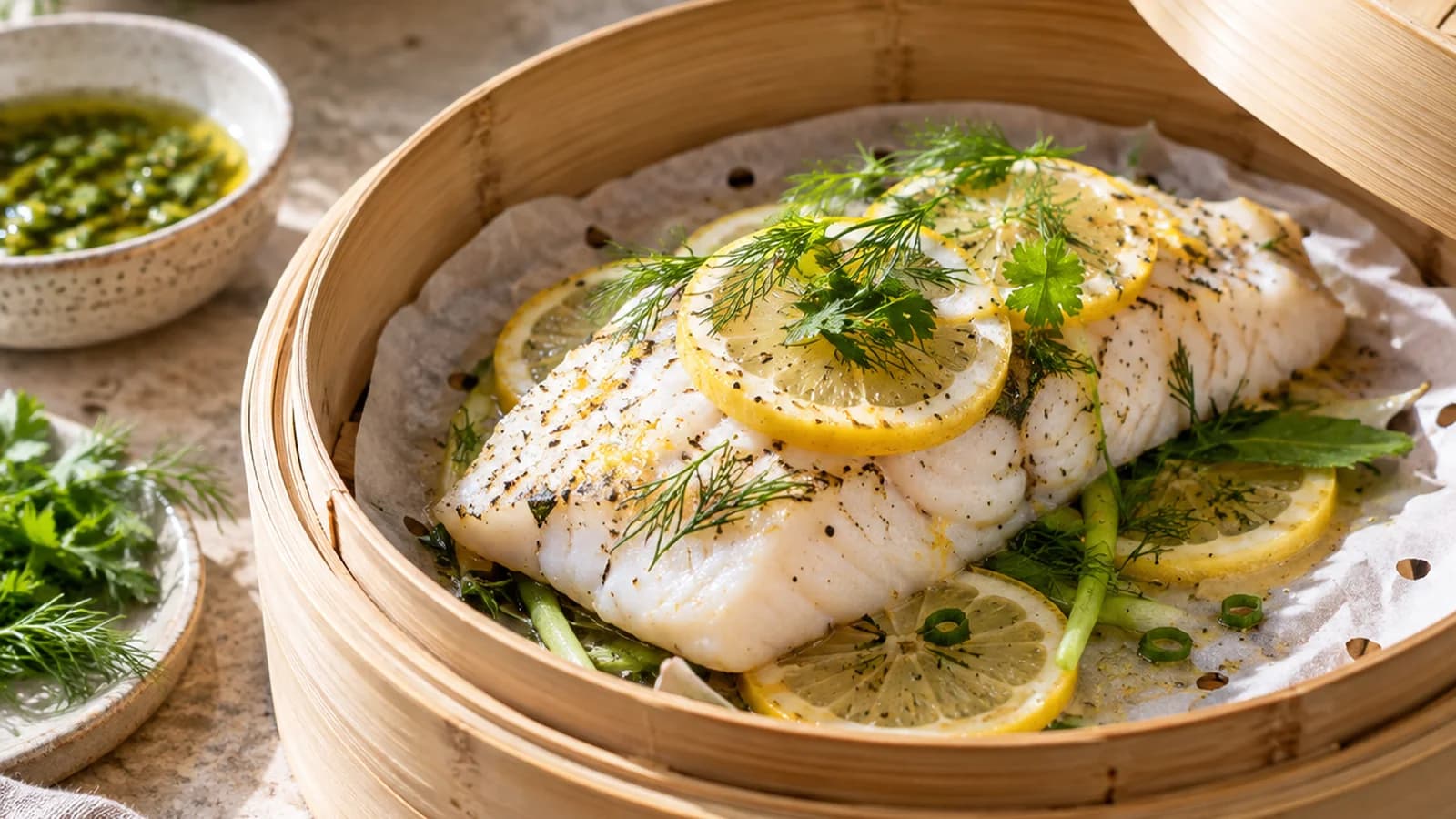 Pavé de poisson blanc moelleux cuit à la vapeur, citron, aneth et légumes colorés sur une assiette, lumière naturelle, sans texte ni logo