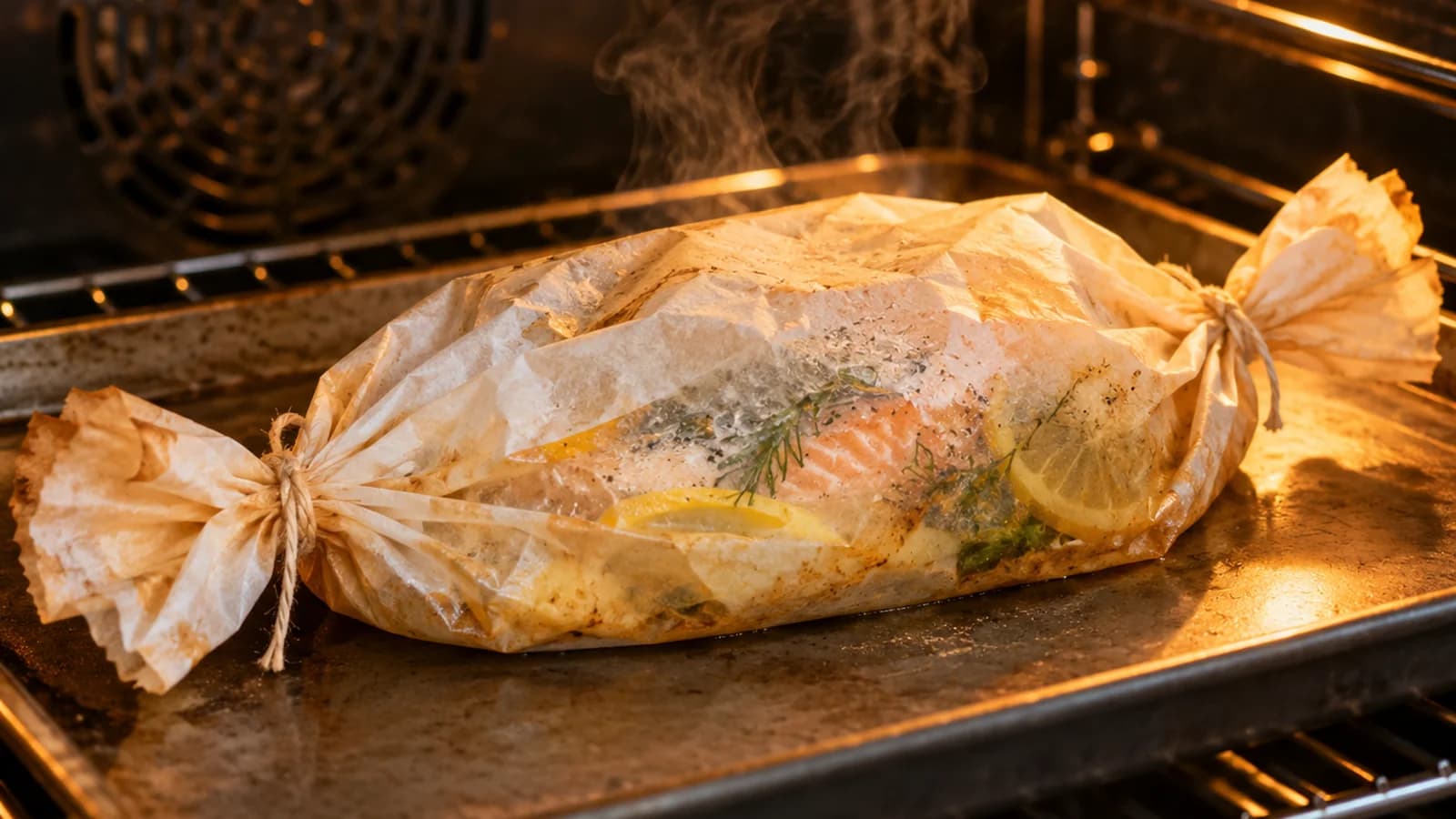 Papillote de poisson blanc avec courgette, tomate et herbes fraîches sur une table éclairée par la lumière naturelle, sans texte ni logo