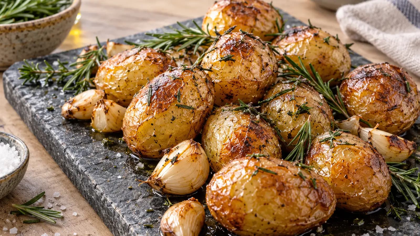 Pommes de terre rôties avec leur peau, herbes fraîches et légumes colorés dans une assiette, lumière naturelle, sans texte ni logo