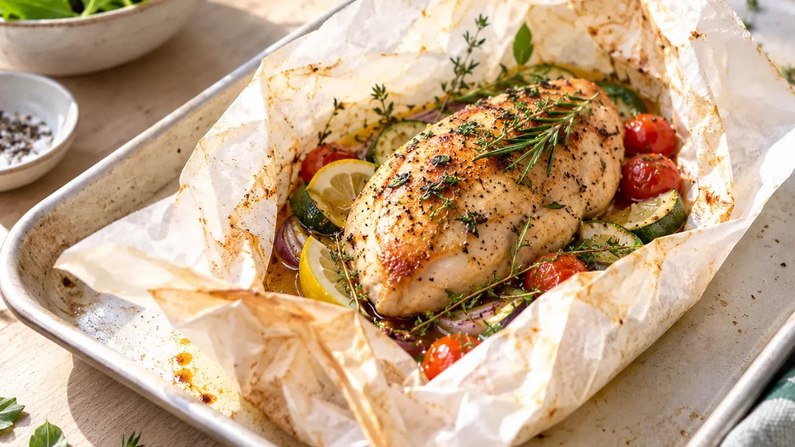 Papillote ouverte de blanc de poulet moelleux avec rondelles de citron, courgette, tomates cerises et herbes fraîches, lumière naturelle, sans texte ni logo