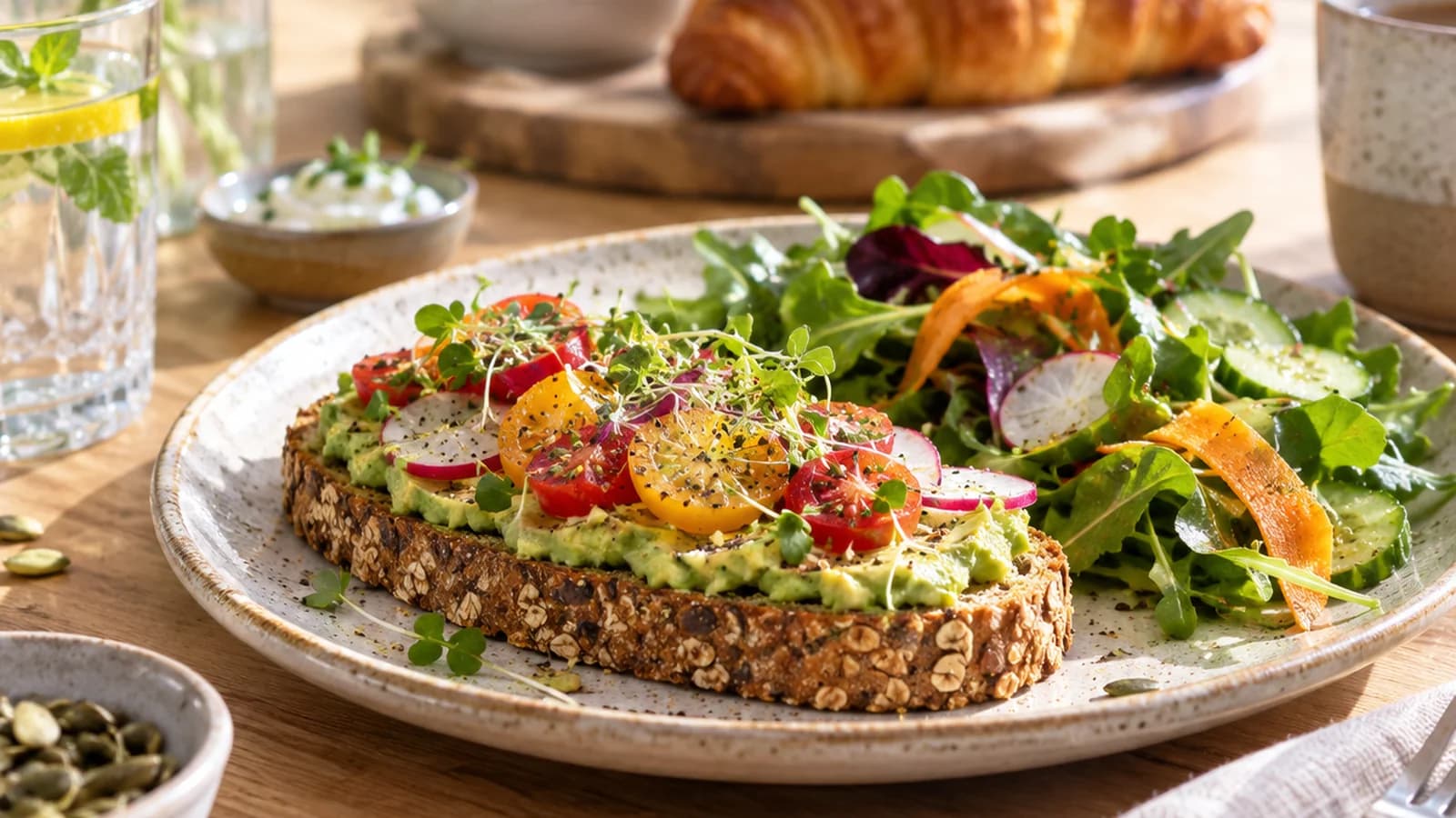Assiette de riz, de légumes colorés et de filet de poisson sur une table en bois, en lumière naturelle, sans texte ni logo