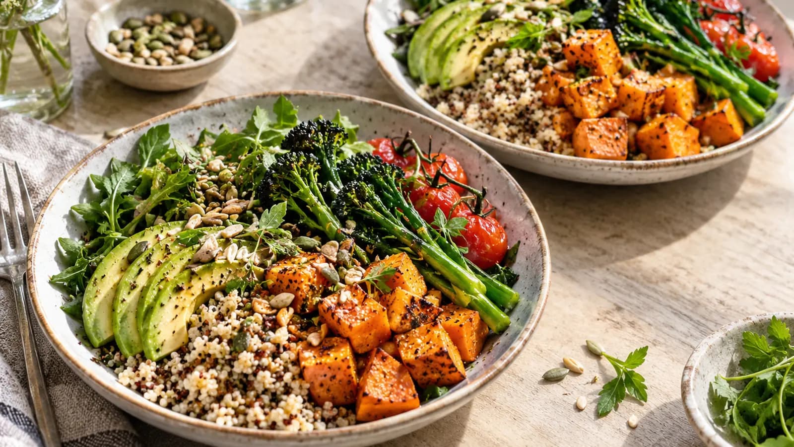 Deux assiettes de riz, légumes cuits et poulet sur une table en lumière naturelle, sans texte ni logo
