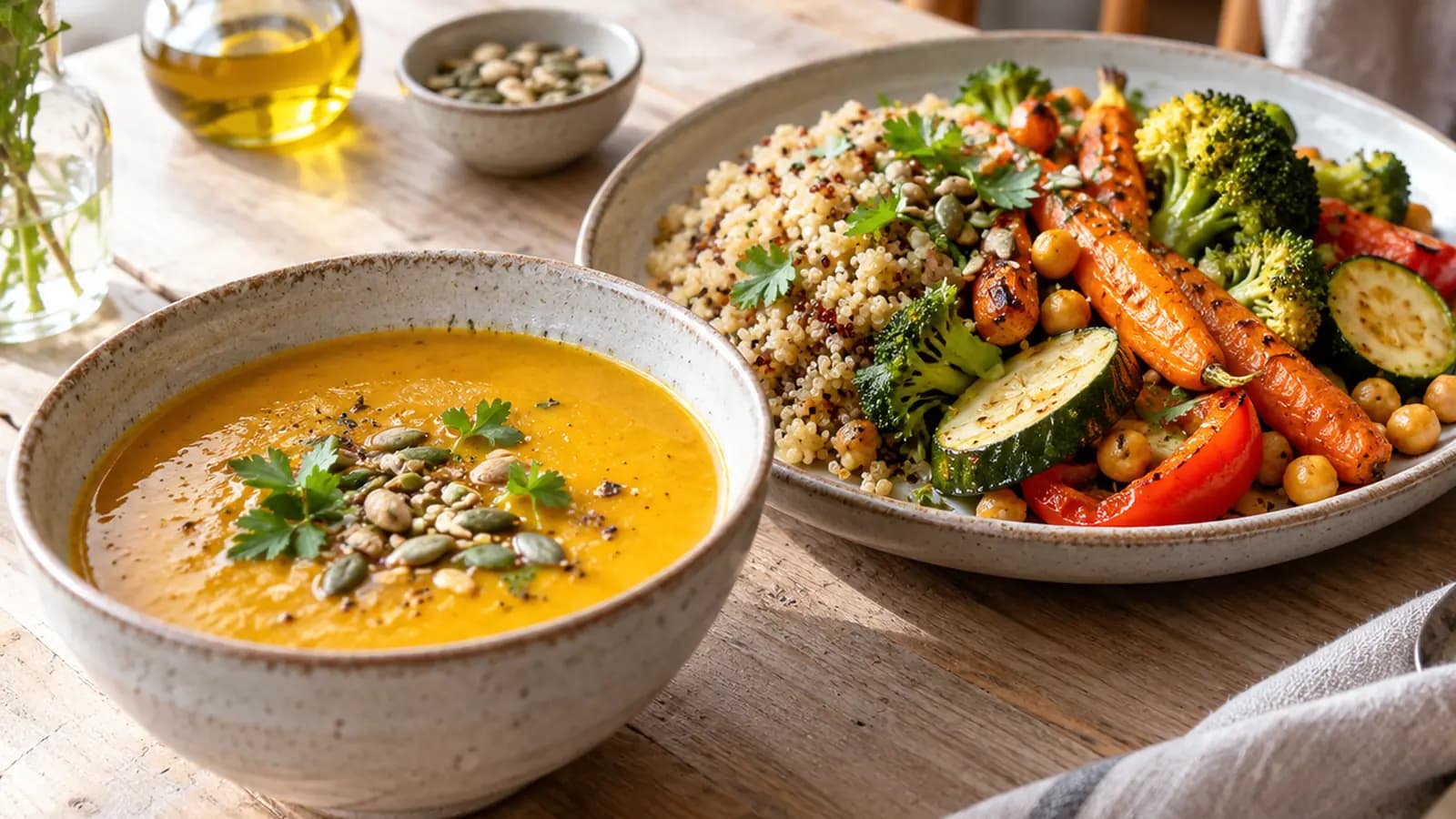 Bol de soupe de légumes épaisse avec morceaux de pain complet sur une table éclairée par la lumière naturelle, sans texte ni logo