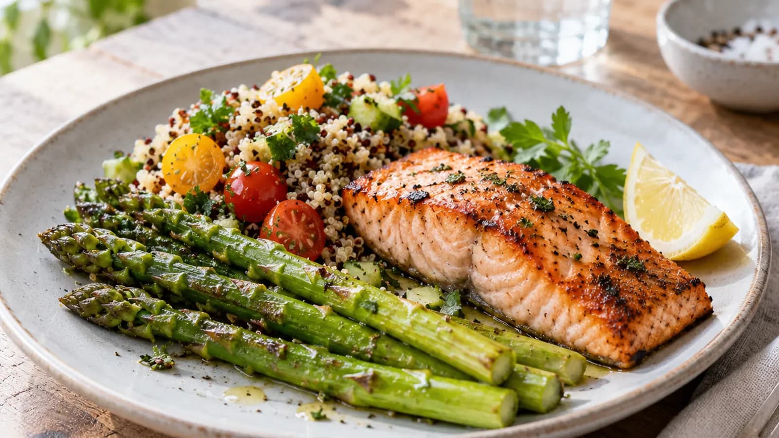 Assiette de riz, pois chiches et légumes rôtis avec sauce au yaourt, en lumière naturelle, sans texte ni logo