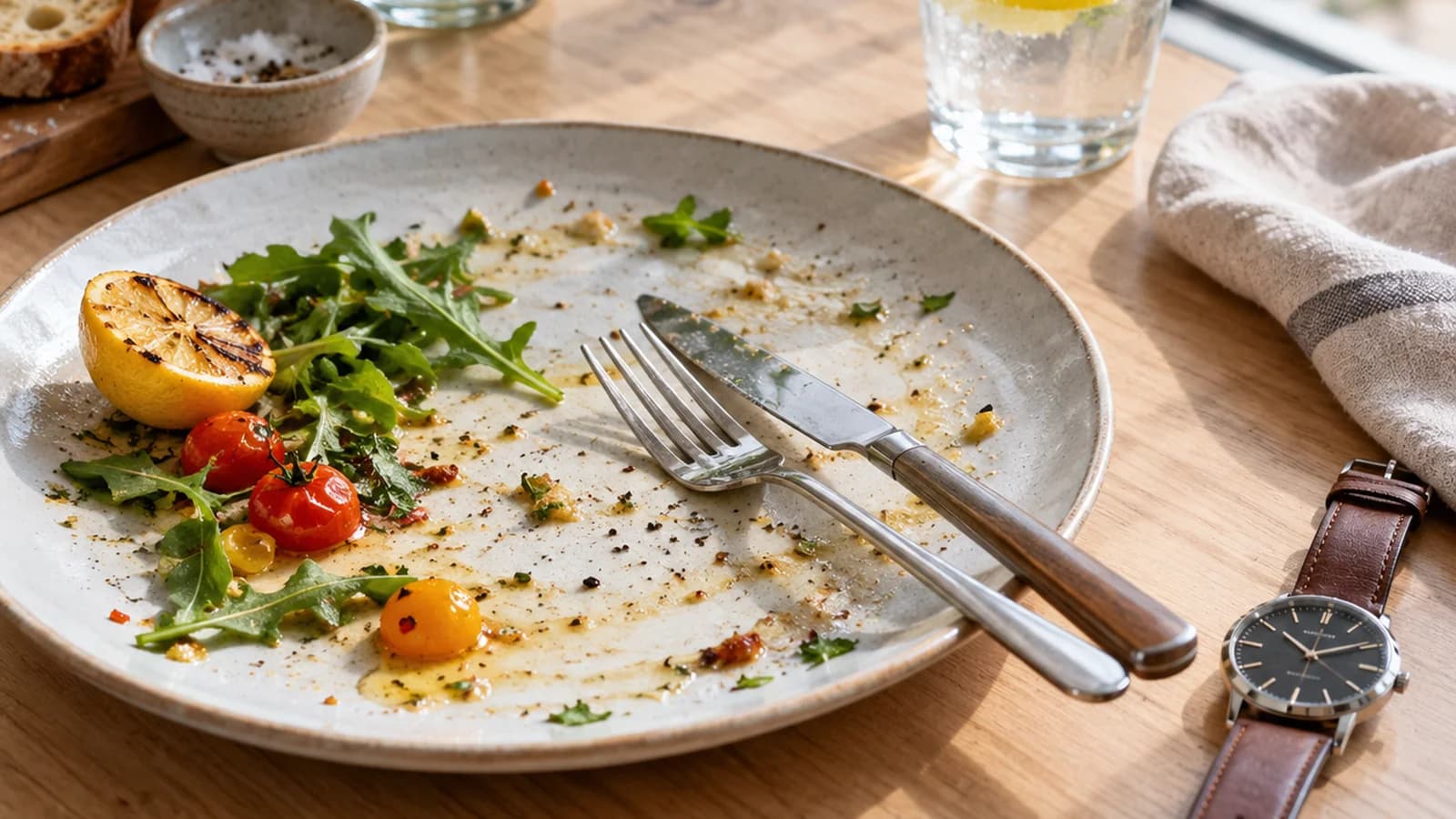 Assiette de lentilles, tomates et courgettes avec du pain, sur une table en lumière naturelle, sans texte ni logo.