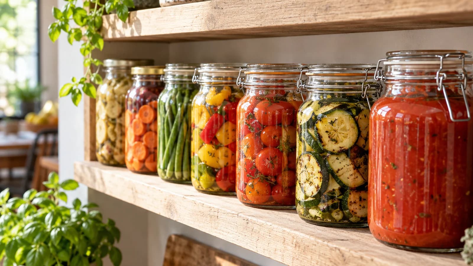 Bocaux en verre de sauce tomate et légumes de saison sur une table en bois, lumière naturelle, sans texte ni logo