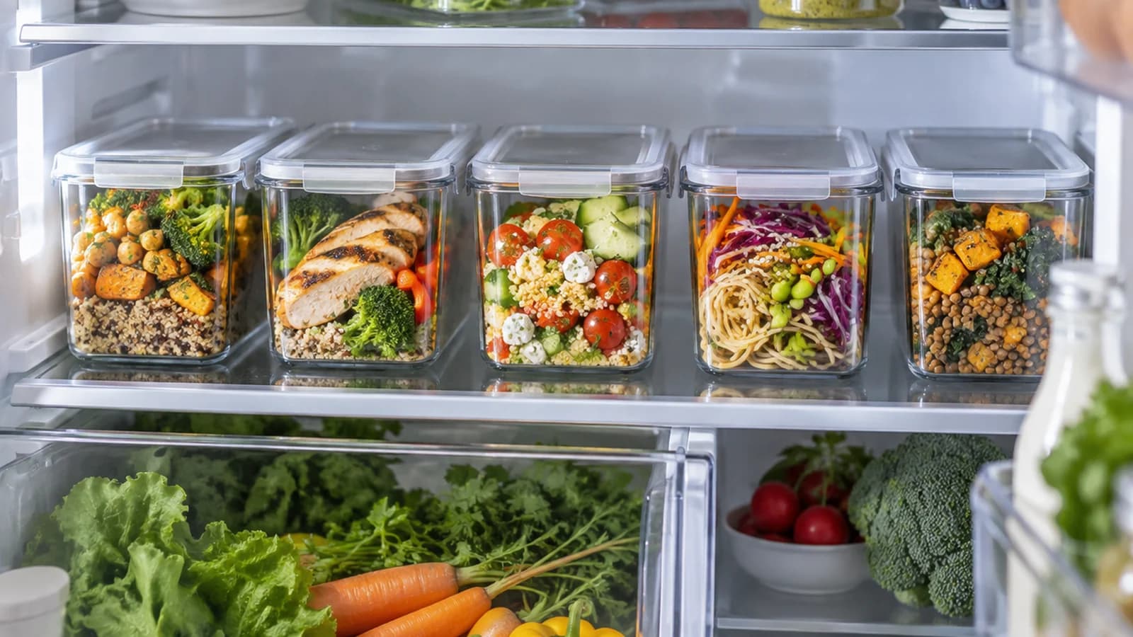 Cinq lunchbox de chili, riz et légumes sur une table, en lumière naturelle, sans texte, logo ni visage.