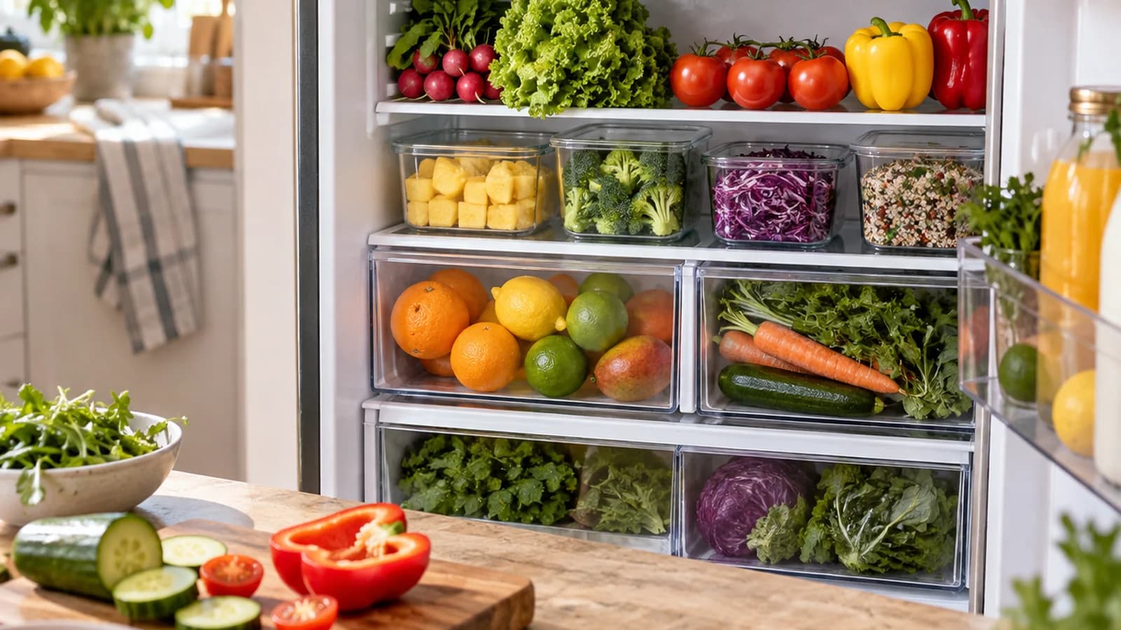 Réfrigérateur ouvert avec fruits visibles, crudités préparées et boîtes transparentes, dans une cuisine éclairée par la lumière naturelle