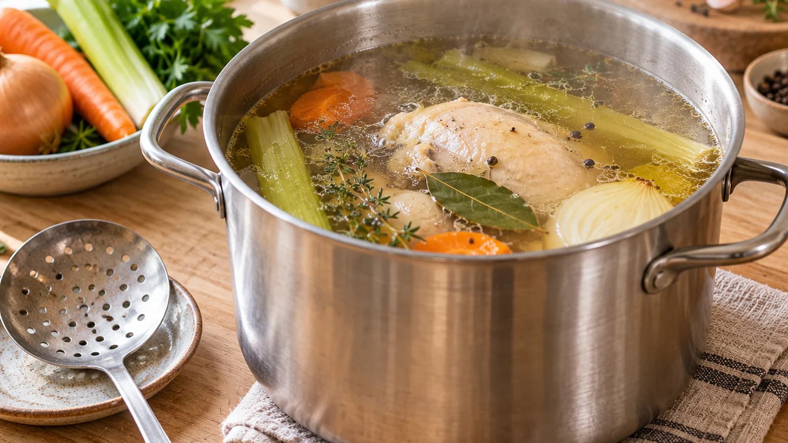 Marmite de bouillon maison dégraissé avec légumes, herbes et écumoire sur un plan de travail éclairé par la lumière naturelle, sans texte ni logo
