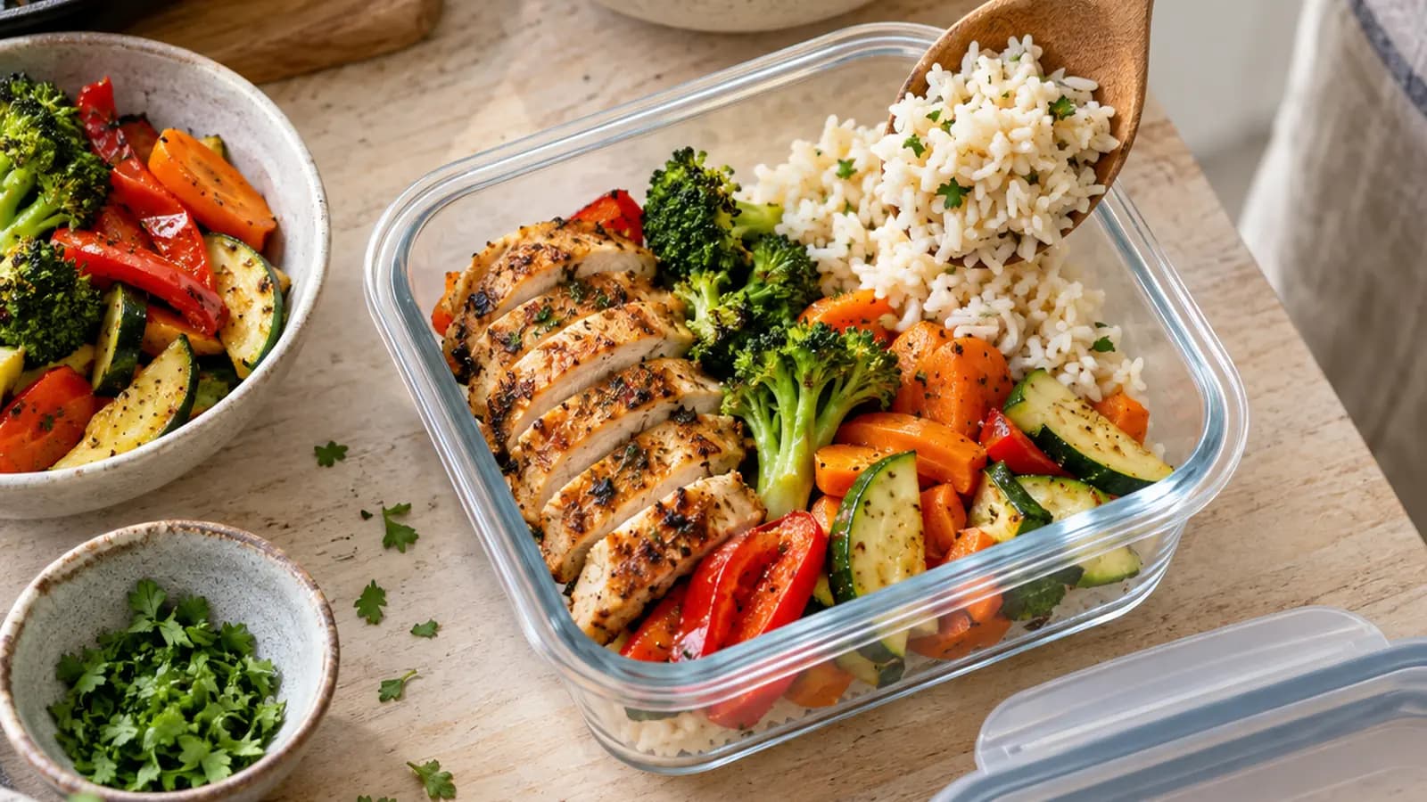 Lunch box ouverte avec riz, œuf, légumes colorés et sauce dans une cuisine éclairée par la lumière naturelle, sans texte ni logo