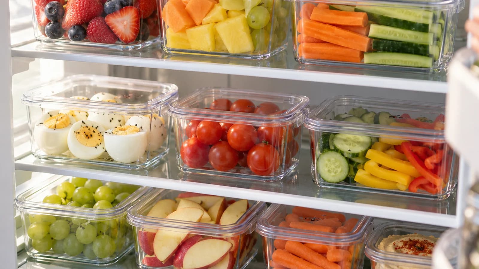 Boîtes de fruits coupés, bâtonnets de légumes et œufs durs sur une table éclairée par la lumière naturelle, sans texte ni logo