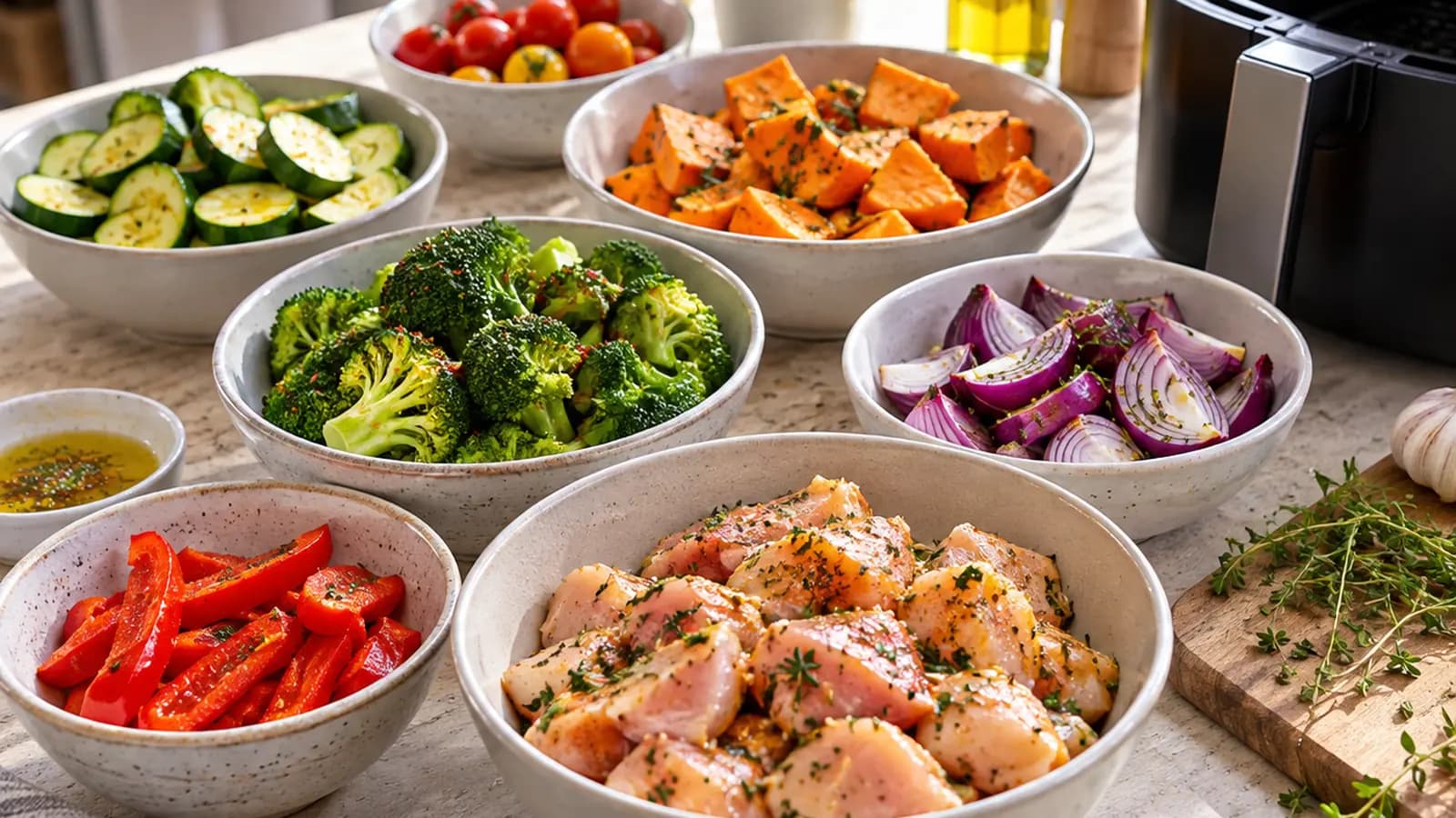 Bol de légumes rôtis, pois chiches croustillants et filet de poisson servis sur une table en bois, lumière naturelle, sans texte ni logo