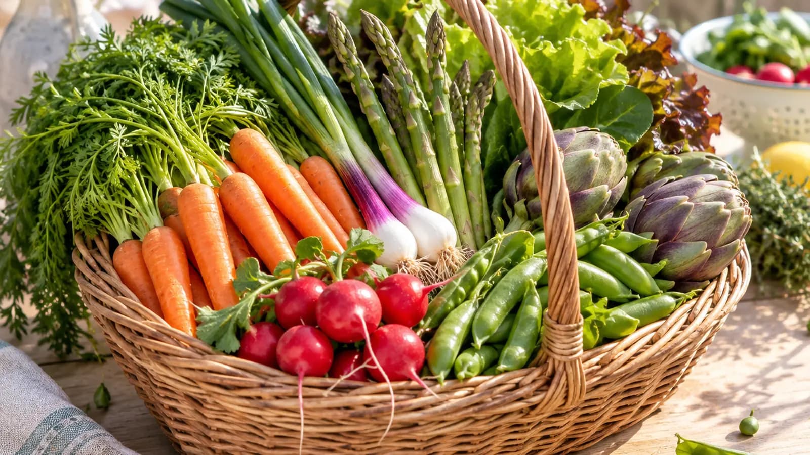 Assiette printanière avec asperges vertes, petits pois, radis et jeunes carottes sur une table en lumière naturelle, sans texte ni logo