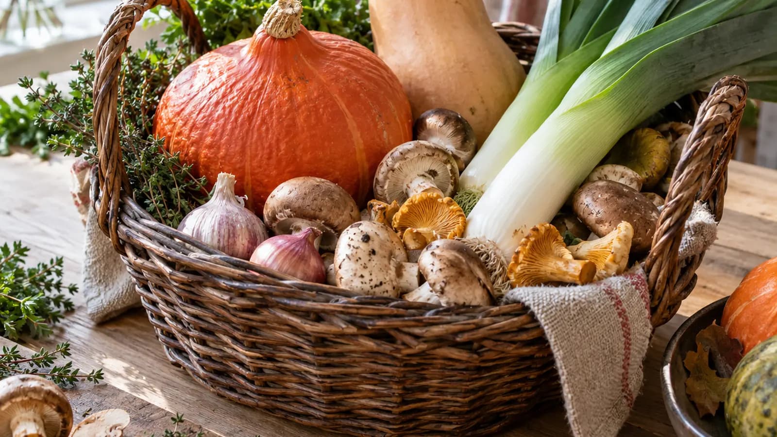 Plaque de courges, champignons et légumes racines rôtis dans une cuisine éclairée par la lumière naturelle, sans texte ni logo
