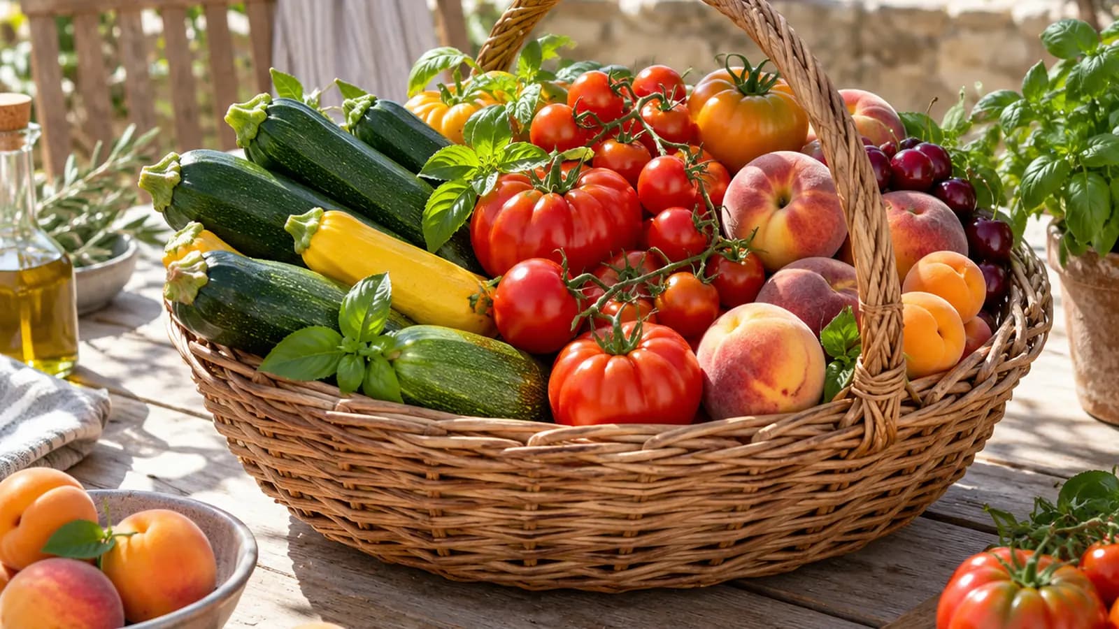 Salade estivale colorée avec tomates, concombre, pêche, pois chiches et herbes fraîches sur une table éclairée par la lumière naturelle