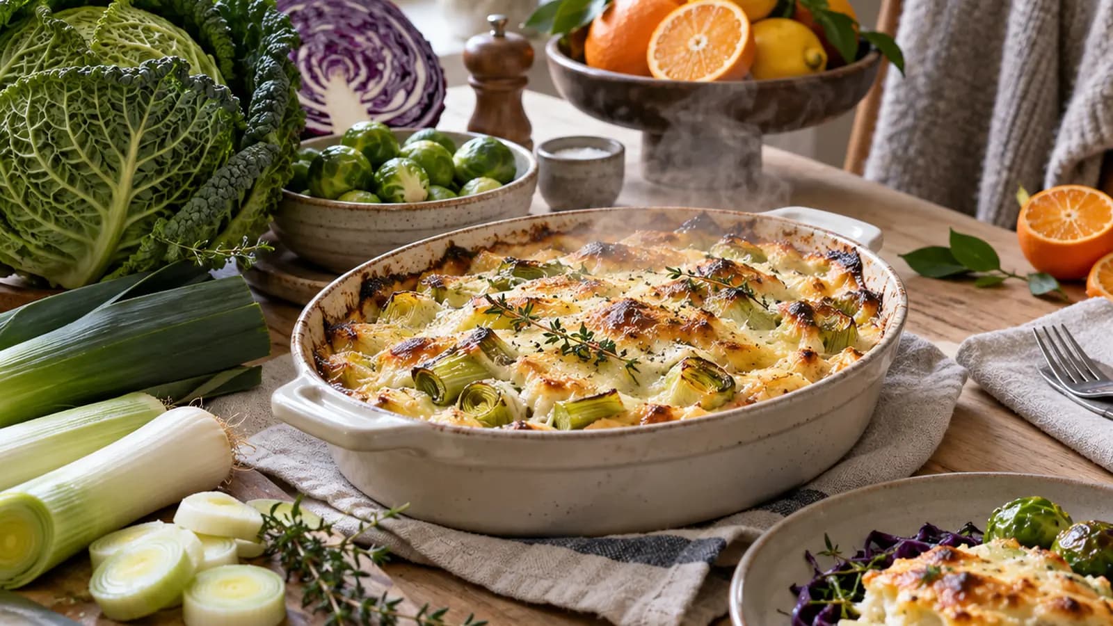 Table d’hiver éclairée par la lumière naturelle avec une soupe de courge, des légumes rôtis, du pain complet et des agrumes, sans texte ni logo