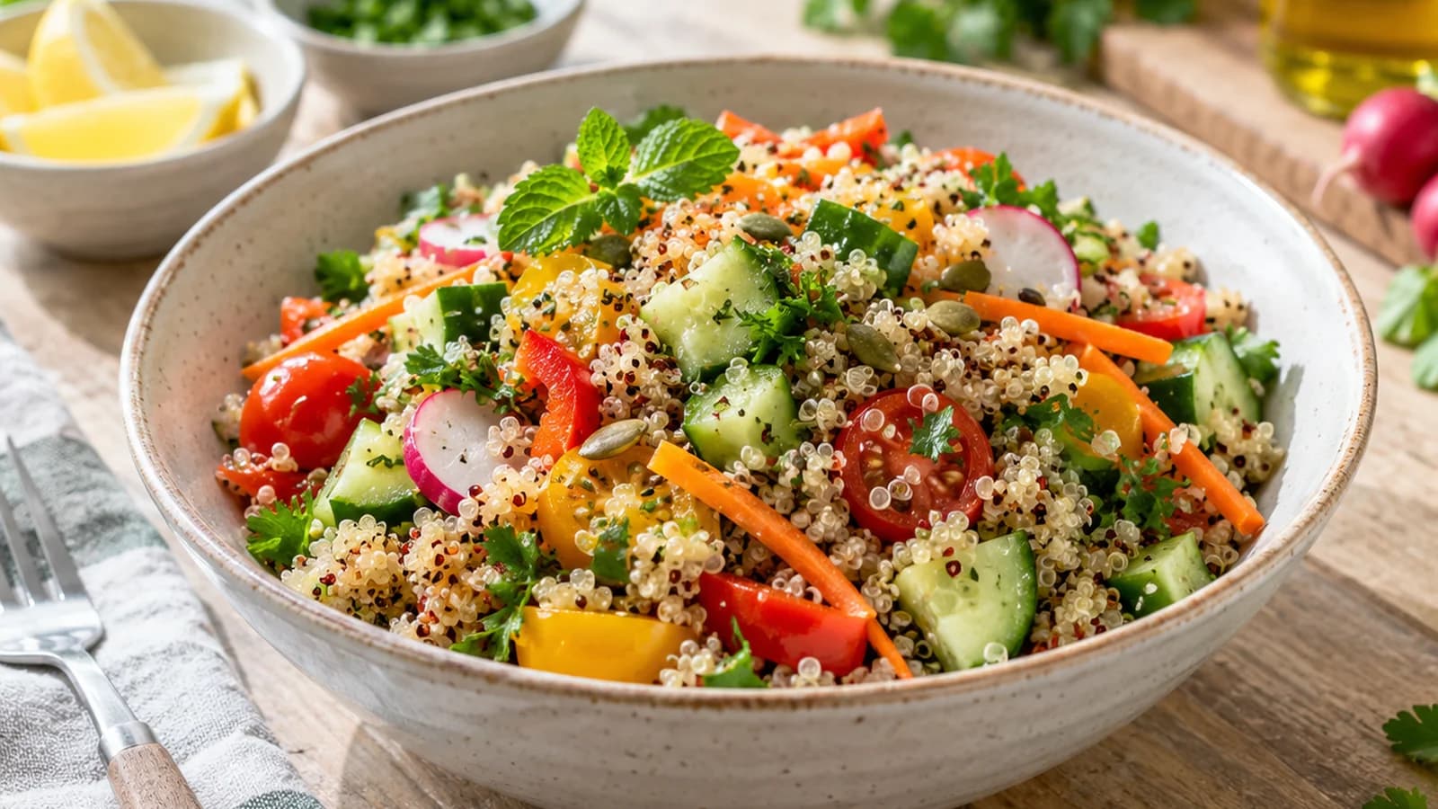 Bol de quinoa aux légumes rôtis, pois chiches et herbes fraîches sur une table en lumière naturelle, sans texte ni logo