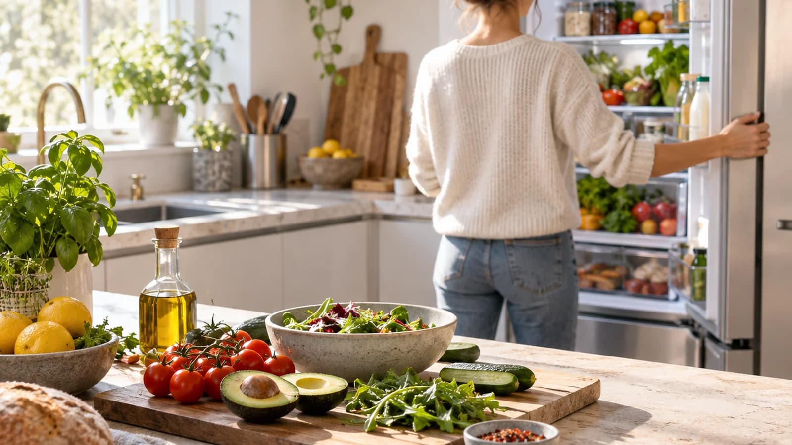 Bol de yaourt avec fruits frais, noix et tartine sur une table en bois, lumière naturelle, sans texte ni logo