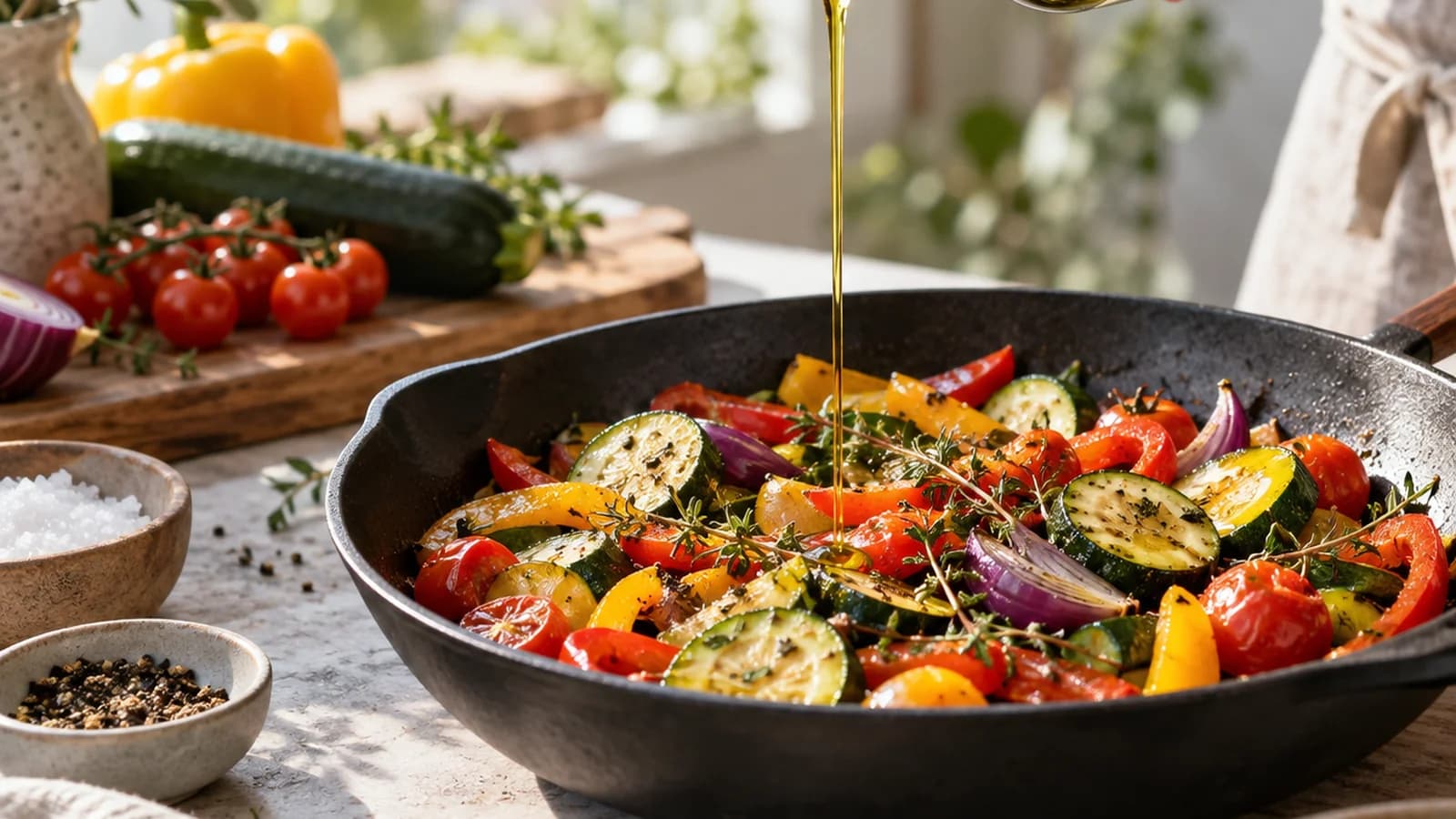 Plaque de légumes rôtis colorés avec un léger filet d’huile, photographiée en lumière naturelle sur une table claire, sans texte ni logo